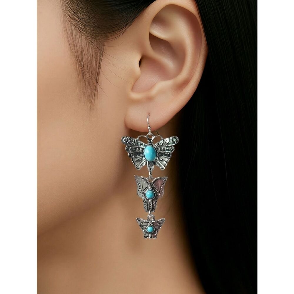 Turquoise Butterfly Dangle Earrings Western Boho Silver Drop Statement Coquette